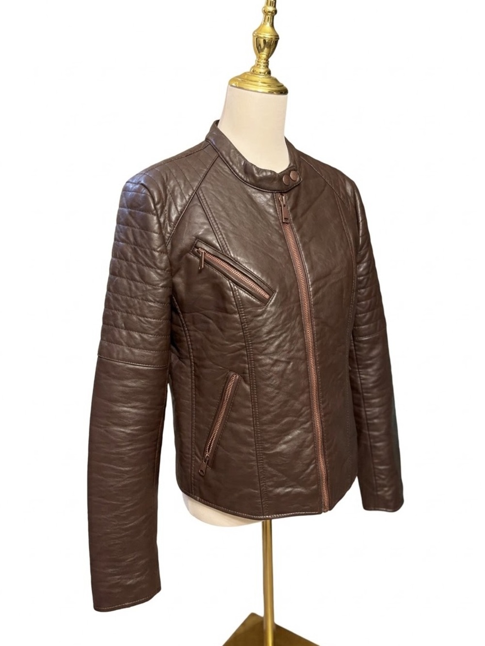 Marc New York Andrew Marc Brown Quilted Faux Leather Moto Jacket Women Size L - Picture 4 of 14